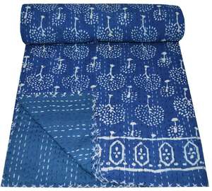 Couverture de jet de couette Kantha 100% coton imprimé bloc de main indigo bleu fait à la main indien - Product Image 6