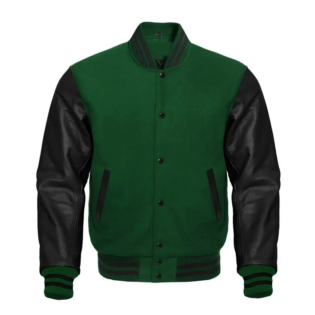 Letterman Bomber Varsity Forest Green Wool & Black Real Leather Sleeves Jacket