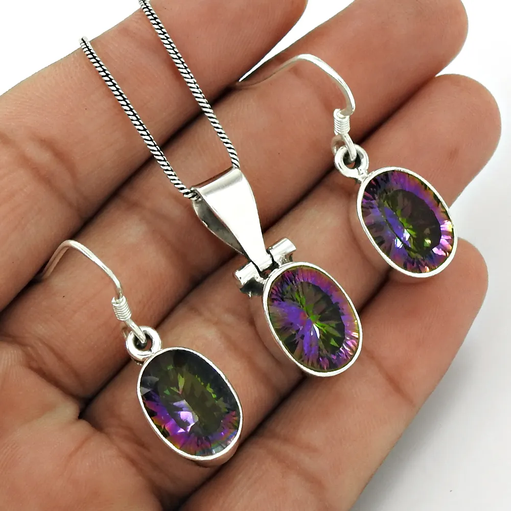 new vintage style mystic gemstone necklace earrings set girls fashion fine jewelry 925 sterling silver jewelry set manufacturer