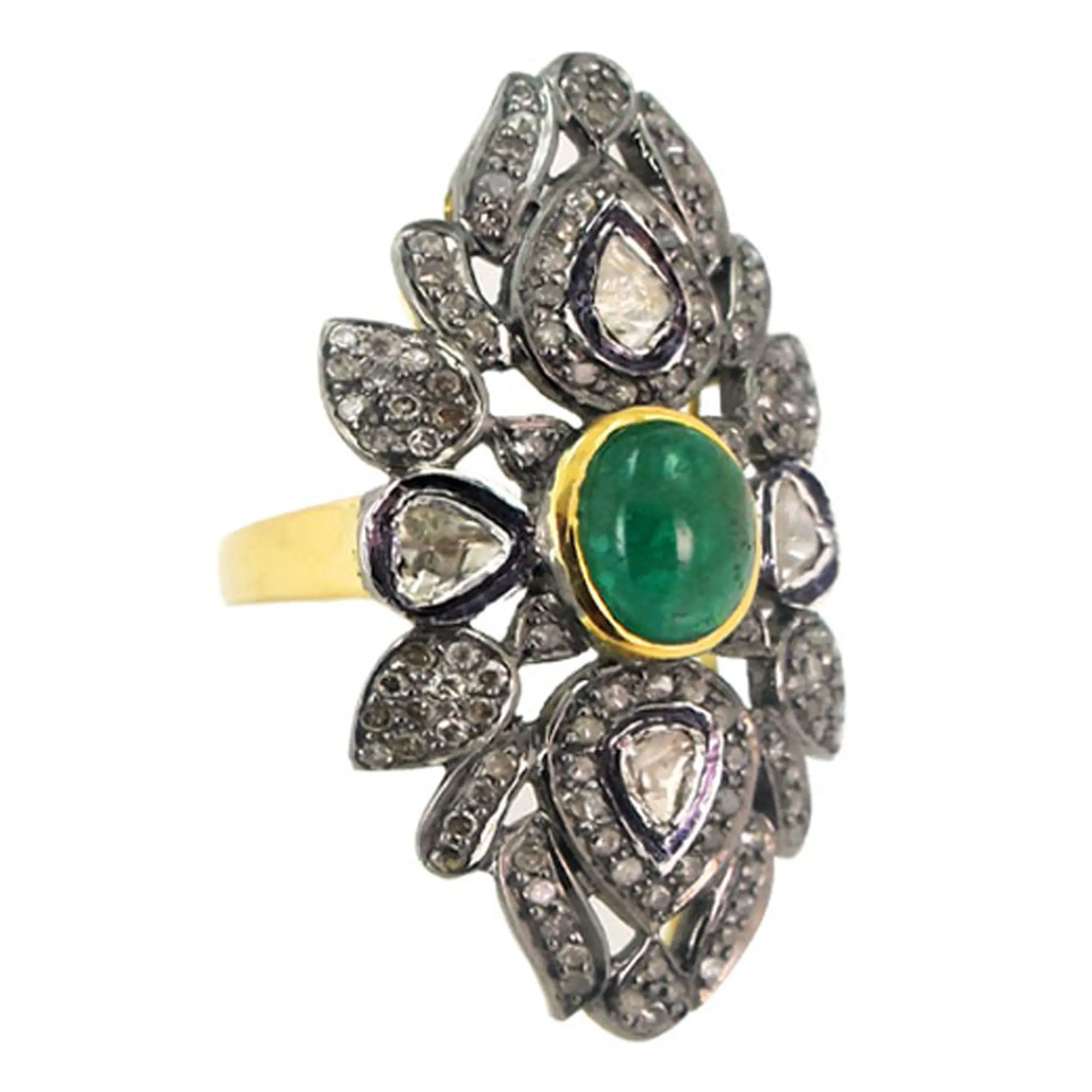 Natural Emerald Rose Cut Diamond Vintage Ring Antique Jewelry