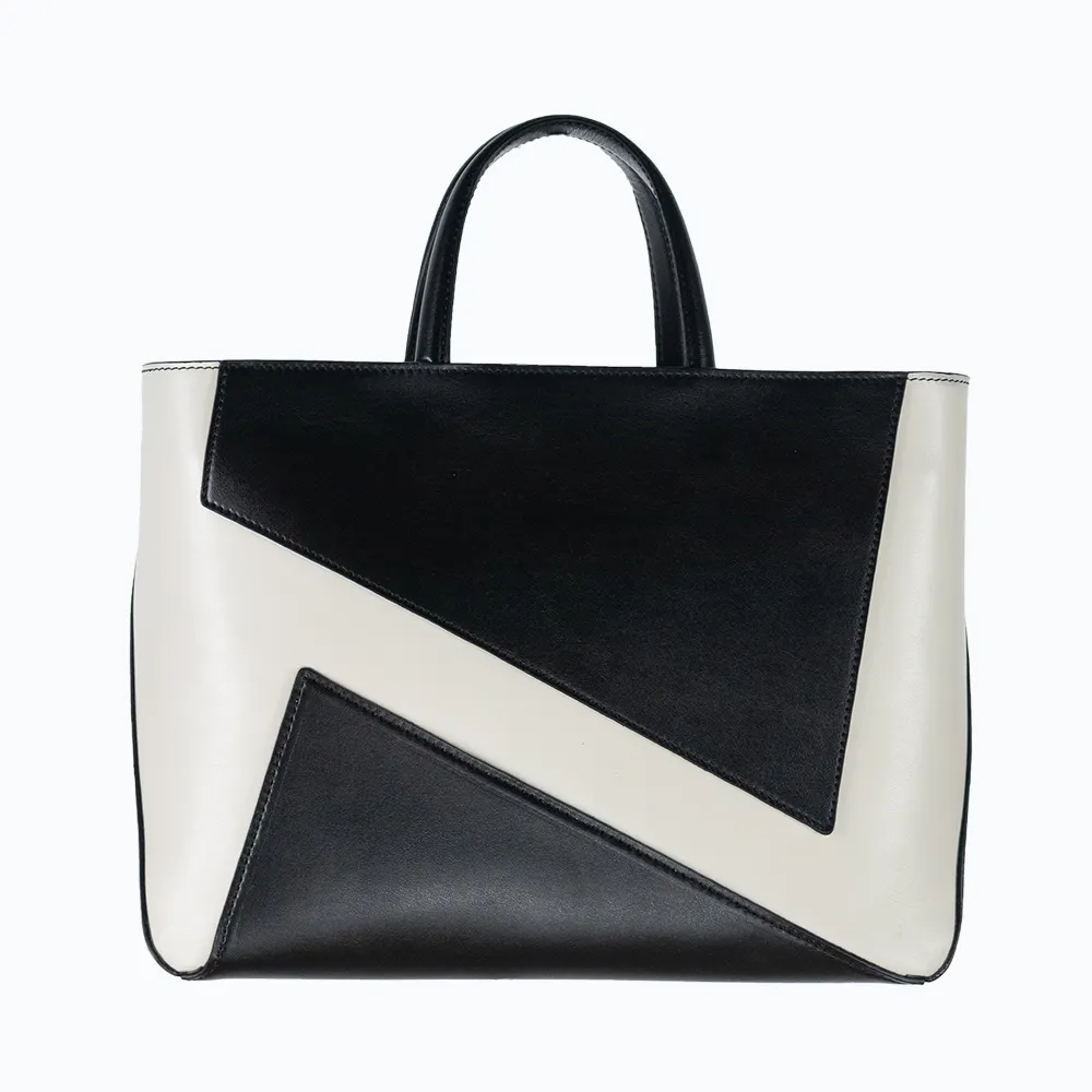 Made in Italy genuine leather geometric pattern handbags for women black and white shopper bag