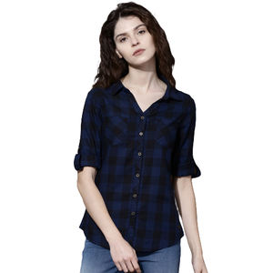 Customized Long-sleeved <b>Oxford</b> <b>Women's</b> Button-collar Cotton Check Shirt - Product Image 1