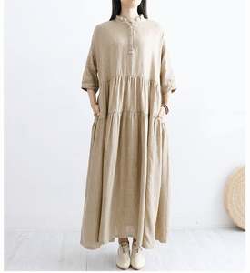 Robe longue en lin pour filles, kaki clair, boutonnée, col rond, été, respirante, en tissu crêpe, demi-manches - Product Image 3