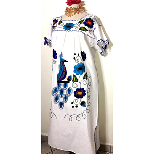 <b>White</b> Boho Maxi <b>Dress</b> Hand Embroidered <b>Organza</b> Peacock Floral Pattern Short Sleeve Square Neck Loose Fit Breathable Casual - Product Image 1