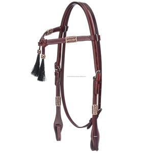 Cabestro Occidental - Cuero de Arnés de Vaca Argentino - Diadema de Cuero Crudo Multicolor con Nudos y Borlas de Pelo de Caballo - Product Image 1