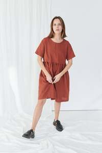 Robe midi en polyester à col rond et manches courtes, coupe ample, couleur unie, respirante, pour l'été, idéale au quotidien, taille haute, style A-line - Product Image 6
