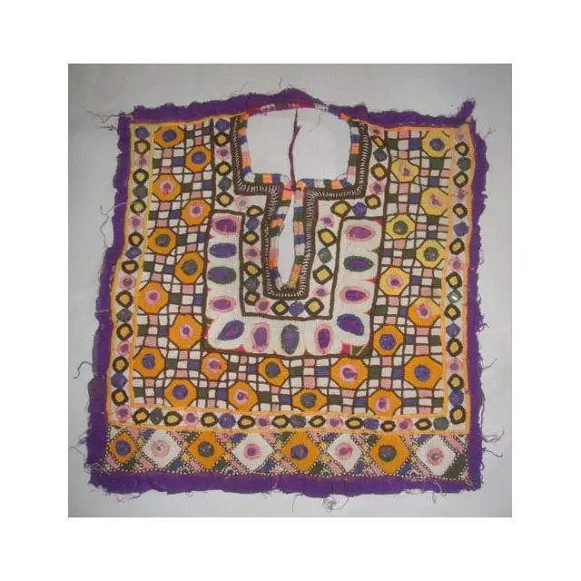 Kerajinan jahit India Vintage leher Yoke bordir cermin kerja Applique buatan tangan leher bordir Patch kain katun yoke leher