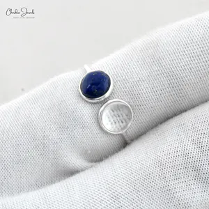 New Arrival Hot Selling Round Cabochon Lapiz Lazuli and White Topaz Open Cuff Adjustable Ring in 925 Sterling Silver Suppliers