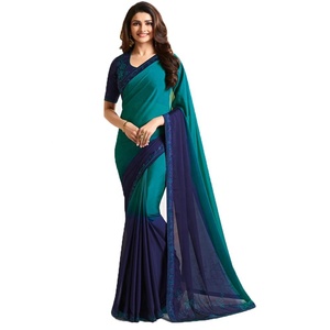 Sari multicolor de satén de gasa de seda con estampado de sombra azul con borde de encaje de trabajo de piedra diseñador boda Festival prenda - Product Image 1