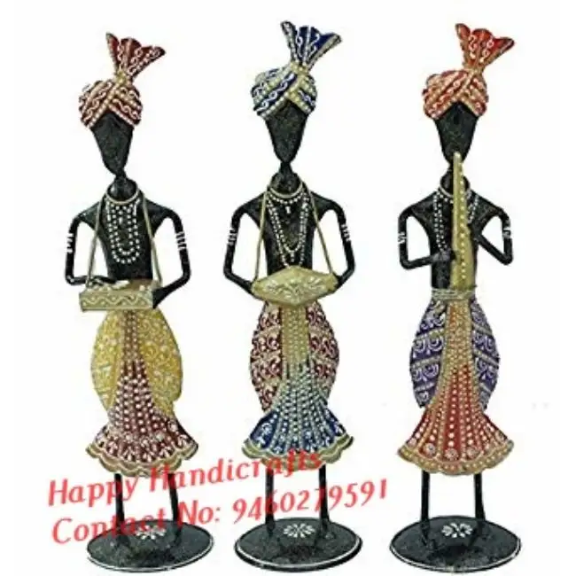 Boneka Sardar Musisi Besi Tribal Buatan Tangan Etnik Dekoratif Hadiah Barang Patung untuk Dekorasi Rumah (12 Inci, Set 3)