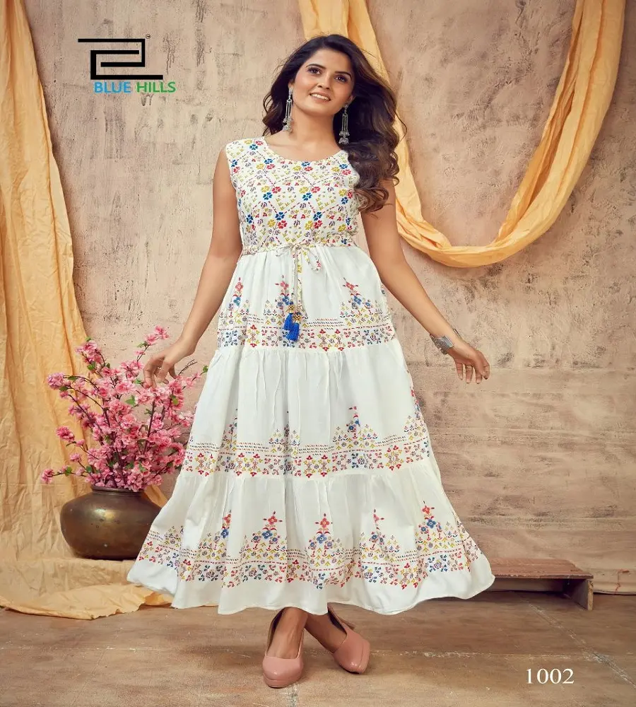 Indian and Pakistan Soft Rayon Anarkali Gown Style Long Kurtis with Fancy Foil Print Kurtis with Plus Size Available for Women