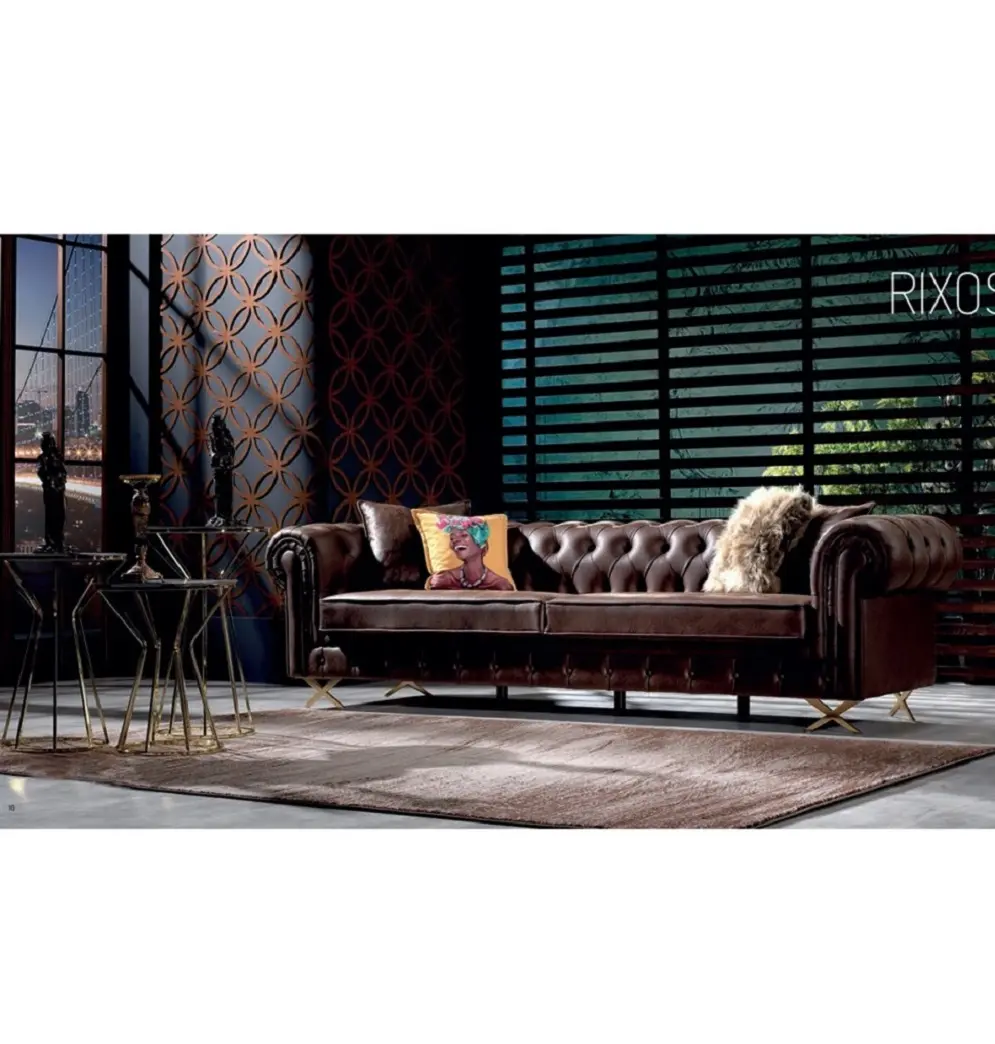 Sofa Mewah Royal Chesterfield Italia Desain Di Semua Ukuran 3 2 1 Sudut L Kulit Kancing Berumbai dengan Kaki Logam Kristal