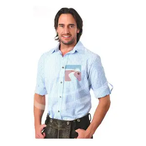 100% 棉质男士最新衬衫设计长袖天蓝色和白色男士休闲衬衫 (传统巴伐利亚衬衫)