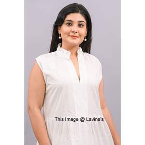 Indian 100% Fine Cotton Woven Eco-Friendly Formal <b>Women's</b> Knee-Length V-Neck Solid White Designer Handmade Cotton Lining <b>Tunic</b> - Product Image 4