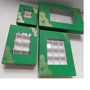 custom made green colored chocolate boxes with paisley print along with paper tray inserts for chocolates