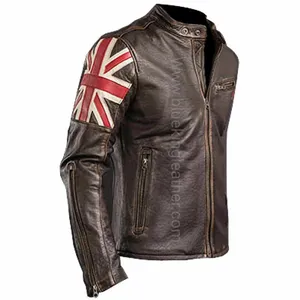 New MenのClassic Fashion UK Flag Racer Brown Biker Leather Jacket 2019/BKL