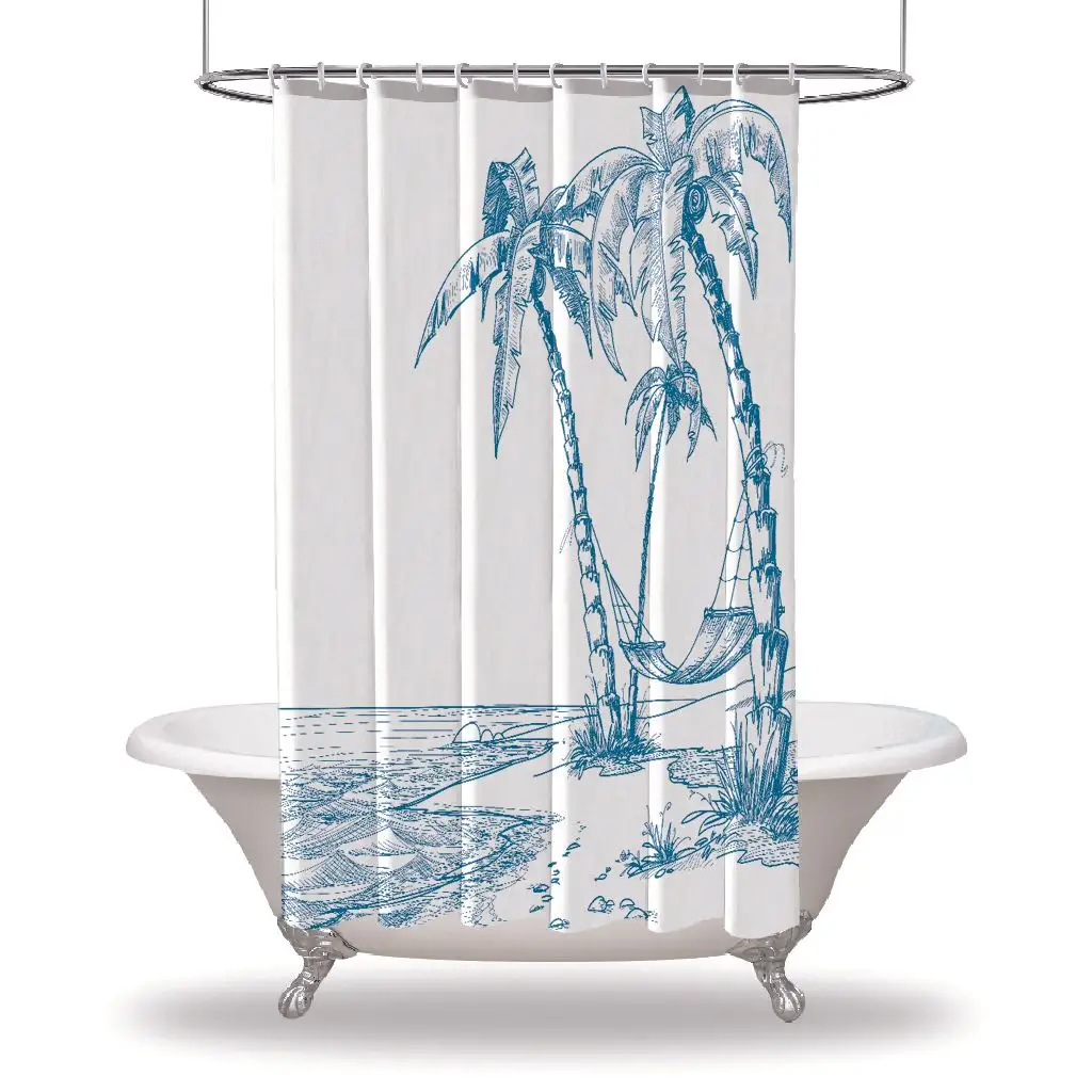 Landscape Printed Showers Curtain / Waterproof Button Hole Shower Drapes - Beach Palm Trees Hammock Seaside View Blue White