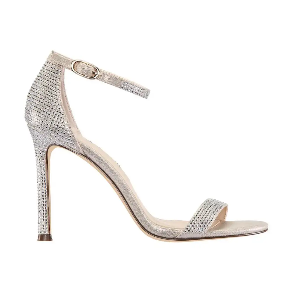 Wanita desain elegan berlian imitasi hak tinggi terbuka kaki tali pergelangan kaki sepatu sandal wanita hak tinggi dihiasi dengan berlian imitasi