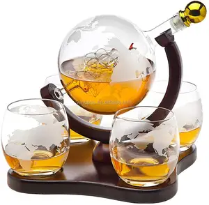 4 Etched Globe Whisky Glasses, Whiskey Decanter Globe Set