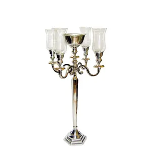 Silver Faceted Candelabra 5 Candle Hot Selling Nickel Plated Handmade Candelabra With Glass Chimney & Flower Bowl