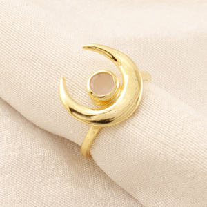 New design dainty pink chalcedony gemstone <b>ring</b> half crescent shape brass gold plated tiny <b>adjustable</b> woman wear designer <b>ring</b> - Product Image 1