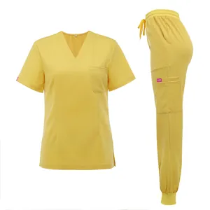 Vendita calda Manica Corta Jogger Infermiera Medico Scrub Set Delle Donne Uniformi Ospedale Logo Personalizzato Con Scollo A V