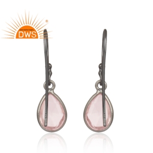 Pear Shape Rose Quartz Gemstone Earrings Wholesale Black Rhodium Plated Designer 925 Silver Dangle Earrings Jewelry - Product Image 3