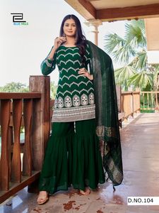 Traje Kurti Sharara Garara Estilo Punjabi con Dupatta, Vestido Indio con Bordado Intenso, Atuendo de Boda, Precio Razonable - Product Image 3