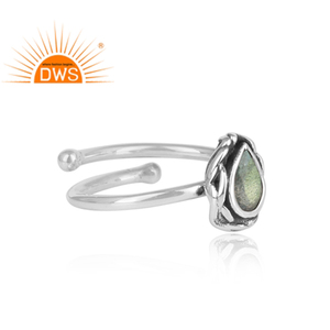 Pear Shaped Bezel Setting Oxidized <b>Adjustable</b> Women's 925 Sterling <b>Silver</b> <b>Ring</b> with Natural Labradorite Gemstone - Product Image 3