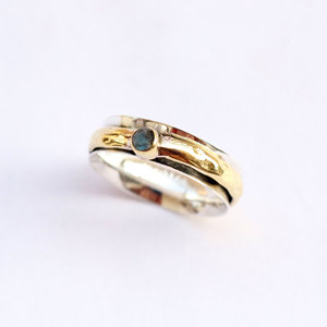 Natural Blue Fire Labradorite Two Tone Silver and Brass Moving 925 Sterling Silver <b>Spinner</b> <b>Ring</b> Handmade Jewelry - Product Image 1