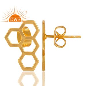 Boucles d'oreilles Art Déco Design Stud Boucles d'oreilles en argent 925 plaqué or jaune fabricant de bijoux Collection Vintage - Product Image 3