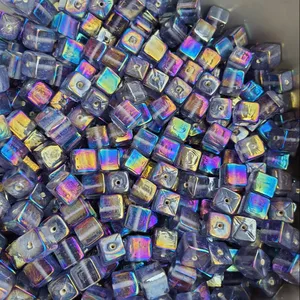 Shiny blue square shaped best grade glass beads in rainbow polish