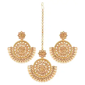 Maang-pendientes colgantes de cadena Tikka para mujer, joyas de cristal chapadas en oro indio, conjunto de novia