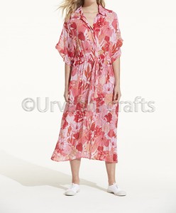 เสื้อผ้าแฟชั่นผู้หญิง Georgette พิมพ์ดิจิตอลเข็มขัดเอวแขนสั้นชายหาดชุด Kaftan สีชมพูคลุมชุดขนาดบวก - Product Image 2