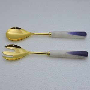 Mango plano de resina de mármol con forma Rectangular, acero inoxidable con servidor de ensalada chapado en oro - Product Image 6
