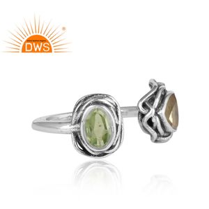 สไตล์วินเทจออกซิไดซ์925แหวนเงินผู้จัดจำหน่ายเครื่องประดับ Peridot และซิทรินแฮนด์เมดเงินออกแบบหันหน้าไปทางแหวน - Product Image 3