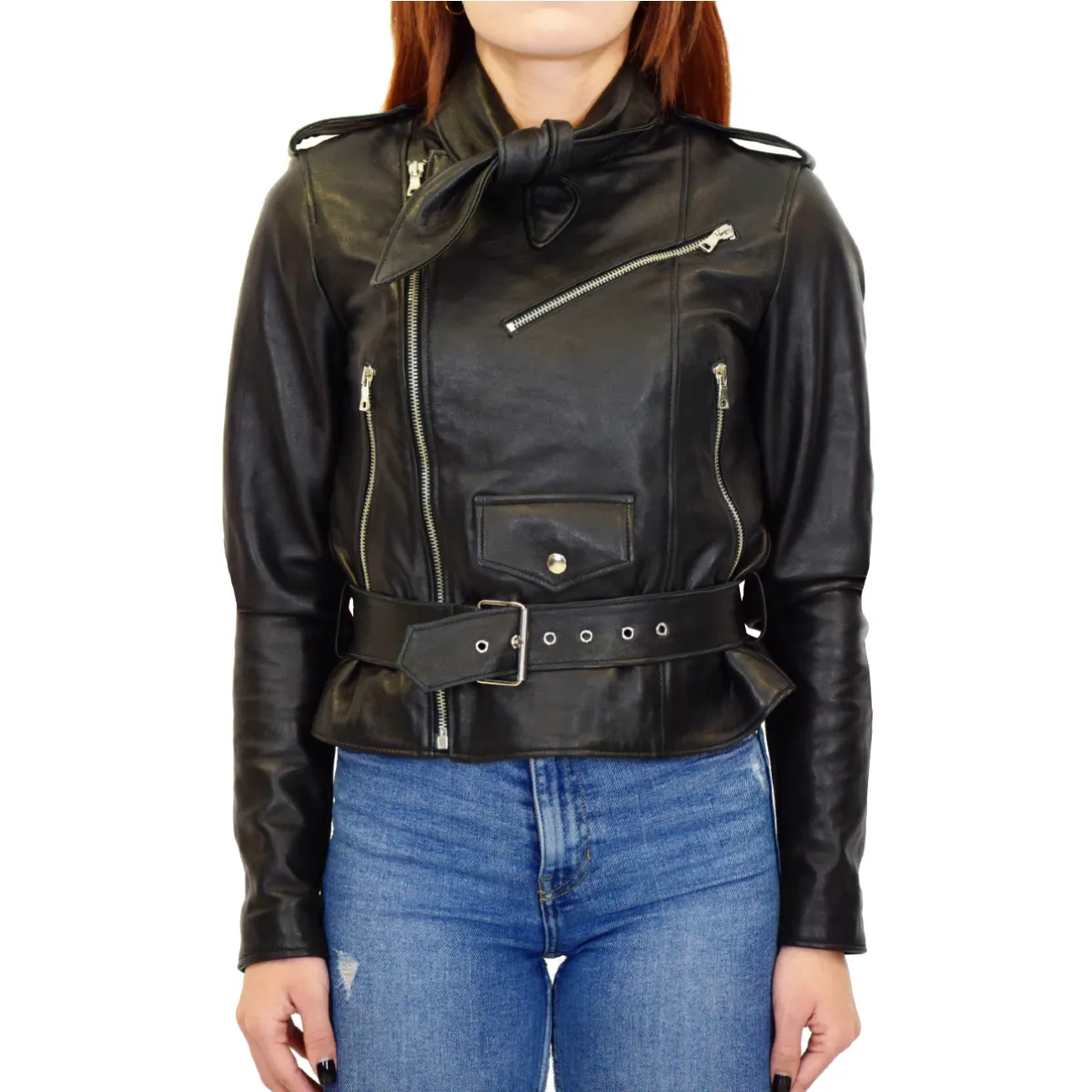 Made In Italy - Women's Leather Jacket in Genuine Leather - Motorcycle Biker style Slim Fit leather custom jacket - Black Color