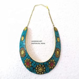 Collier Ethnique en Métal avec Mosaïque en Pierre Turquoise pour Femme et Fille, Vente en Gros de l'Inde - Product Image 1