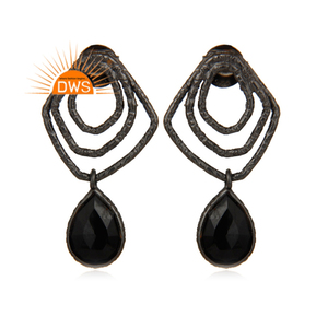 Mind Blowing Black Onyx Gemstone Earring Black Rhodium Plated Silver Earring Wholesale Designer Handmade Drop Earring - Product Image 1