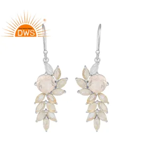 Pendientes de Piedras Preciosas de Piedra Lunar Arcoíris y Cuarzo Rosa, Diseño de Plata de Ley 925, Pendientes Colgantes - Product Image 1