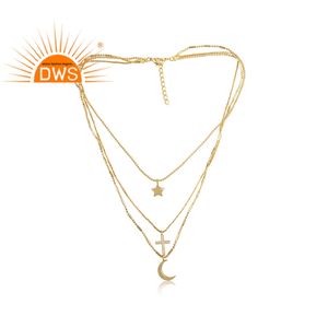 CZ Star Moon เครื่องประดับสร้อยคอจี้อัญมณี,เครื่องประดับสร้อยคอหลายเส้นทำจากทองเหลืองทอง - Product Image 2