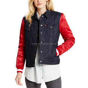 Veste en jean décontractée pour femme HIDVJ04, coupe slim, col montant, broderie, mode, avec manches en cuir rouge, pour l'extérieur, OEM, hiver - Product Image 1