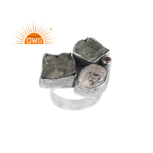Argent Sterling Oxydé Naturel Herkimer Diamant Moldavite Et Quartz Fumé Gemme Bague Empilable Fabricant De Bijoux - Product Image 1