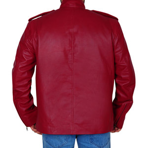 แจ็กเก็ตหนังสีแดงสำหรับผู้ชาย, แจ็กเก็ตหนังสำหรับฤดูหนาวแบบมีซิปพร้อมขนสัตว์ลายพิมพ์สีพื้นขนาดพิเศษดีไซน์ใหม่ - Product Image 5