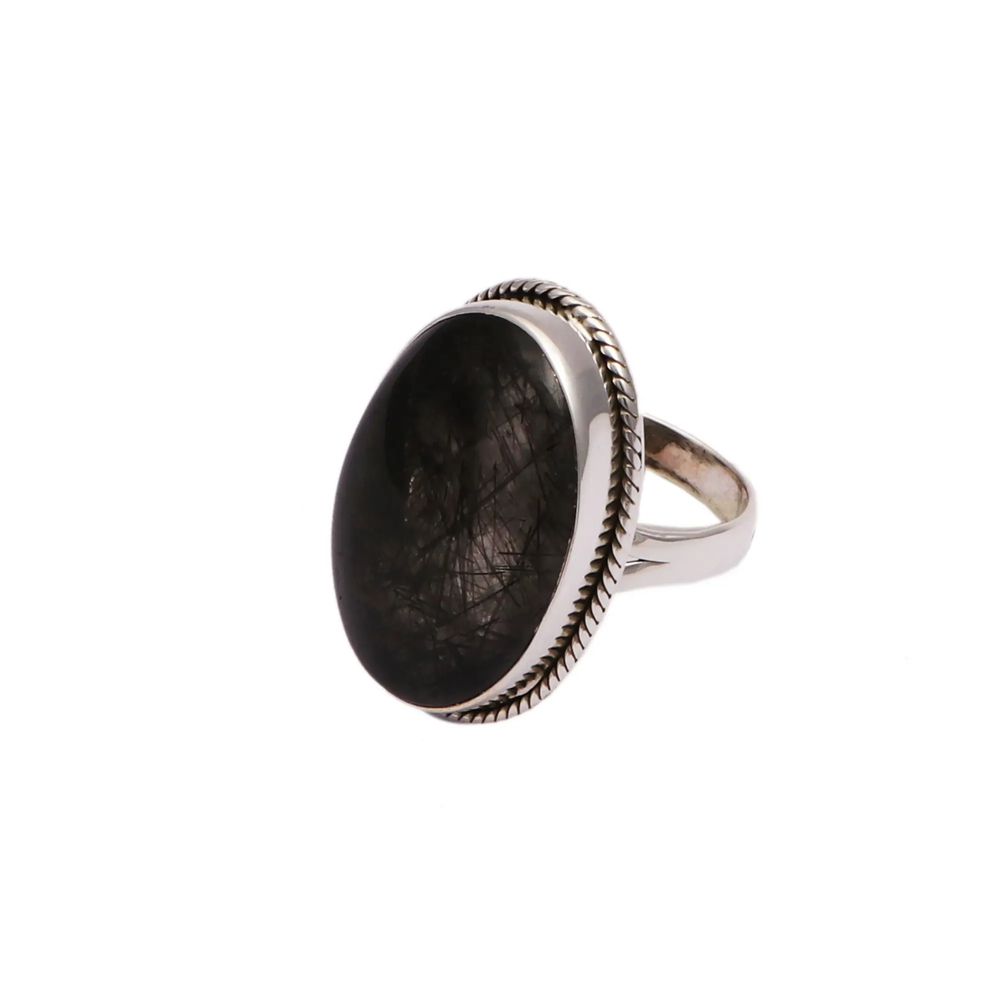 Wholesale rings natural black rutile gemstone ring sterling silver cabochon oval shape gemstone handmade women jewelry