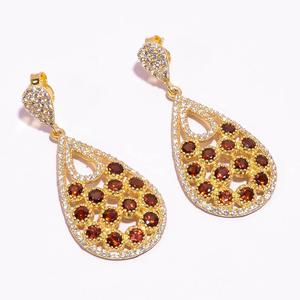 Elegant Natural Mozambique <b>Garnet</b> Zircon Gemstone Gold 925 Sterling Silver Pave Jewelry Women's Party Earlobe Drop Dangle - Product Image 1