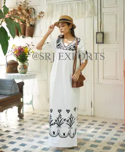 Spring New Design Summer Aari Chian Stitch Embroidered Traditional Indian Maxi Dress Bohemian Look Folk Kaftan Cover Up