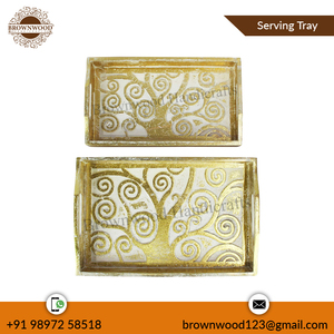 Juego de bandejas de madera con acabado blanco dorado con diseño tallado a mano para la decoración del restaurante del hogar de un fabricante indio certificado - Product Image 4