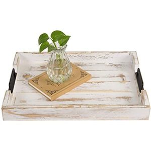 Bandeja de madera rústica para decoración de cocina, con mango de Metal y acabado blanco desgastado - Product Image 1