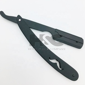 <b>Razor</b> Moustache Style Handle Black Matte Powder Coated Stainless Steel Barber <b>Straight</b> <b>Razor</b> Custom Logo Offer Black <b>Razors</b> - Product Image 3
